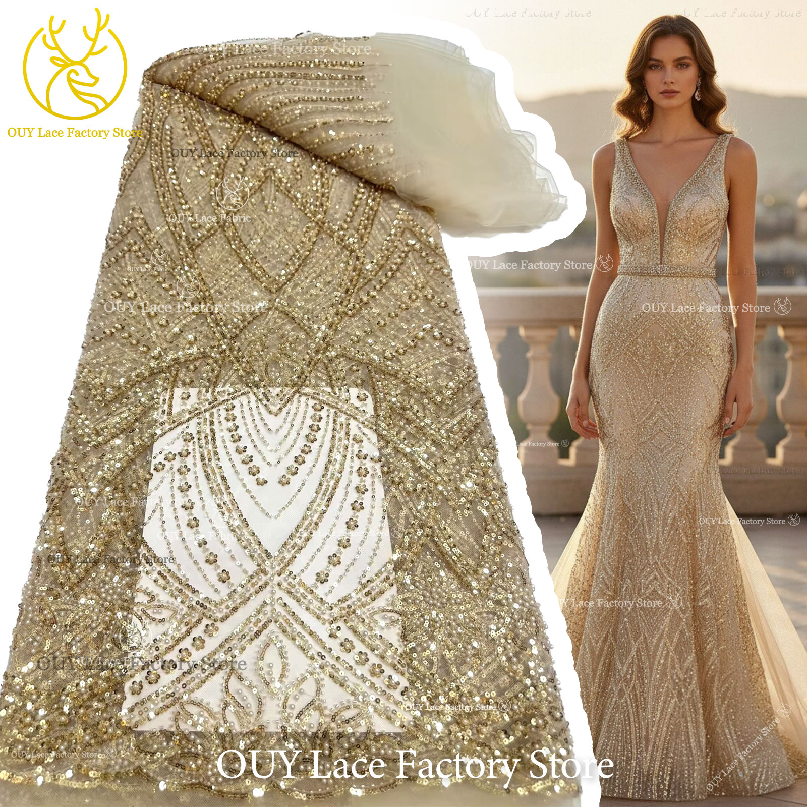 African Gold Beaded Lace Fabri - Glitter Tablecloth recension och pris
